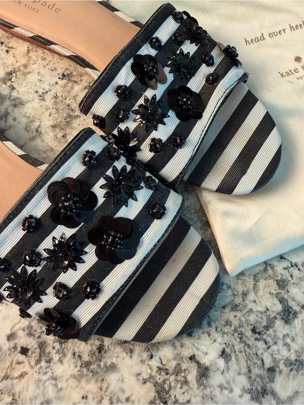 kate spade Black and White Striped Alice Embellished Slide Sandals Box Dust Bag